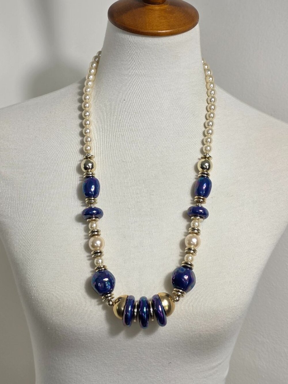 Statement Necklace Iridescent Blue Ceramic Beads, White Faux Pearls Gold Spacer